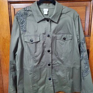 Chico’s Olive Green Denim Jean Jacket Rhinestone Embellished Stretch Size 3 (16)